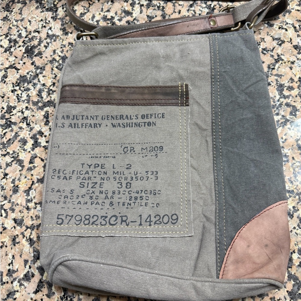 Mona B Gray Canvas Crossbody with Brown Trim